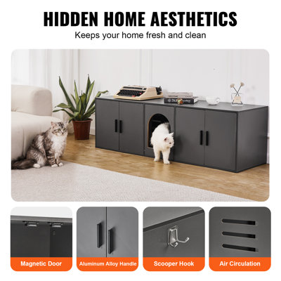 Cat Litter Box Enclosure for 2 Cats, 57.9"L x 18.3"W x 17.9"H, Litter Box Furniture Hidden with Double Rooms, Wooden Cat Box Cabinet Fit Most of Litter Box, Black