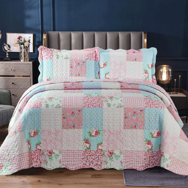 Cotton Blend Duvet Cover Set with Pillowcases, Pink Floral, Double Duvet Cover Set + 2 Standard Pillowcases