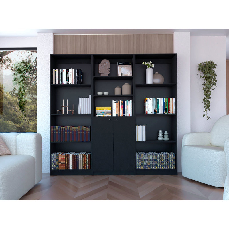 Ensemble de bibliothèque 3 pièces, 74 po de largeur avec 11 tablettes et une armoire à deux portes, ensemble de salon, Noir