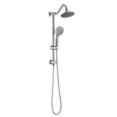 Douche en nickel brossé avec hauteur réglable, pomme de pluie de 6 pouces et douchette à main, débit d'eau de la soupape de dérivation