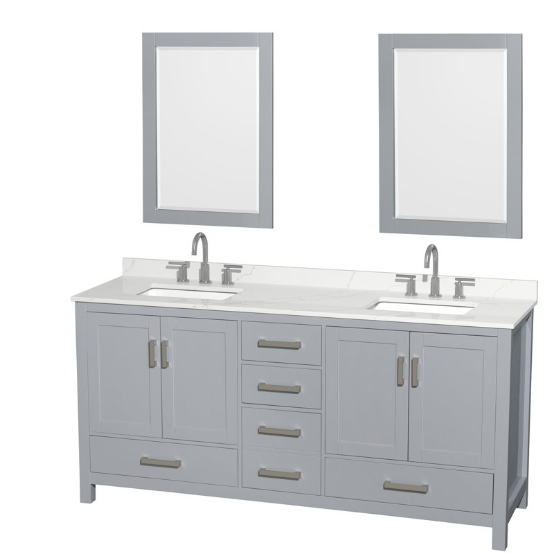 Sheffield 72" Freestanding Double Bathroom Vanity with Quartz Top with 24" Mirrors, Gray, White Quartz