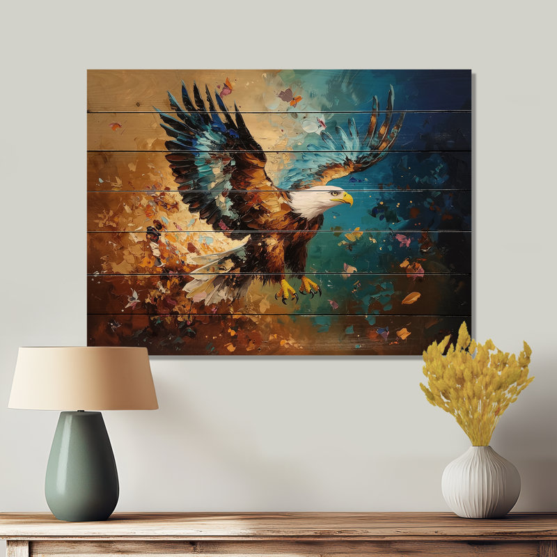 «Soaring Eagle Freedom II», décoration murale en bois moderne sur bois de pin naturel, H 24 po x l 32 po