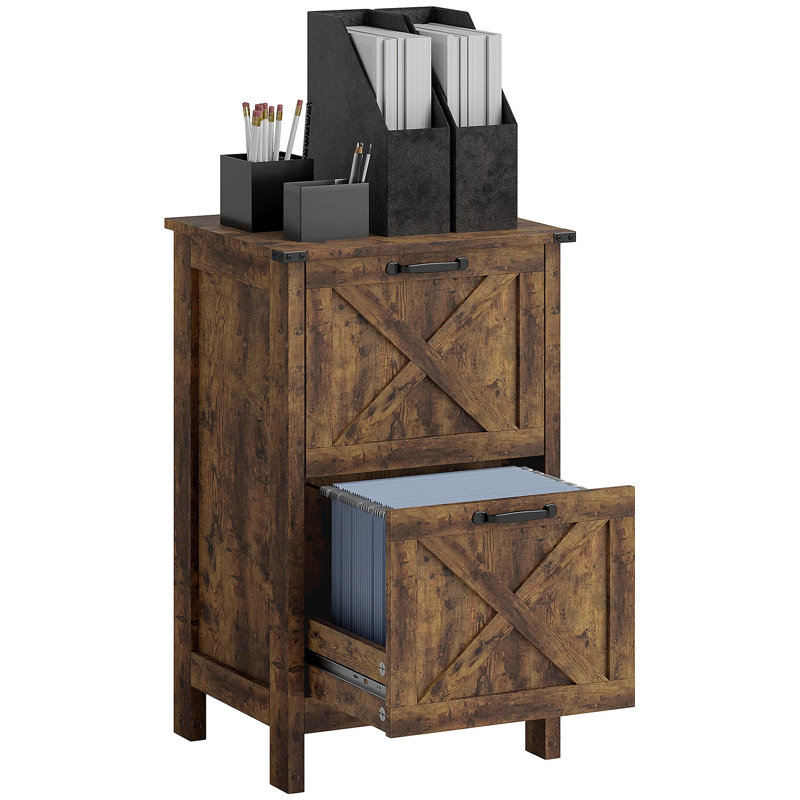 Vertical File Cabinet With 2 Drawers, Rustic Farmhouse Office Storage Cabinet For A4 & Letter Size Files, Rustic Brown With Black Metal Accents
