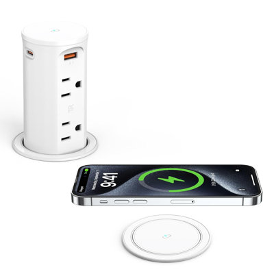 Pop Up Power Strip with 15W Wireless Charging, 2.5 inch Hole for Desktop, 20W USB C Port, 4 USB Ports 4 AC outlets for Kitchens Desks