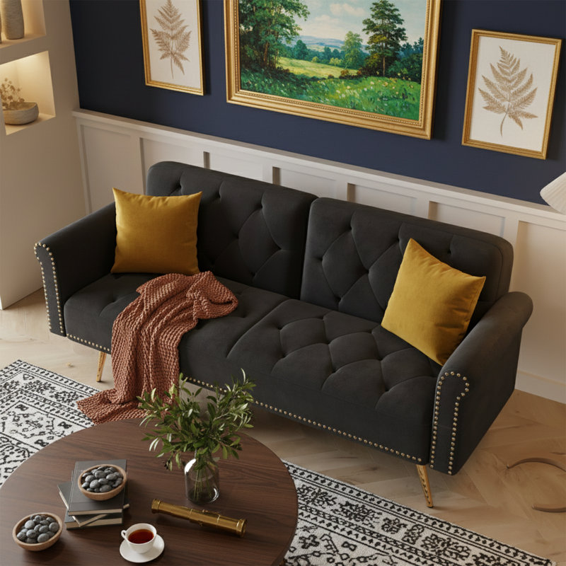 Canapé-lit en velours l 69,7 po avec garniture cloutée et coussin assorti, Noir