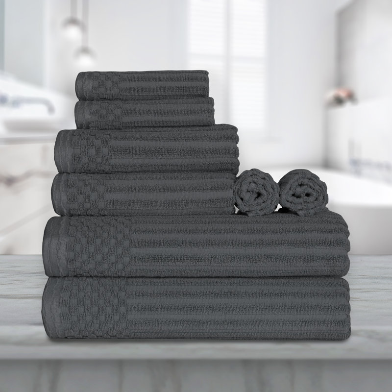 Ruvins Cotton Highly Absorbent 8-Piece Solid and Checkered Border Towel Set, Dark Grey