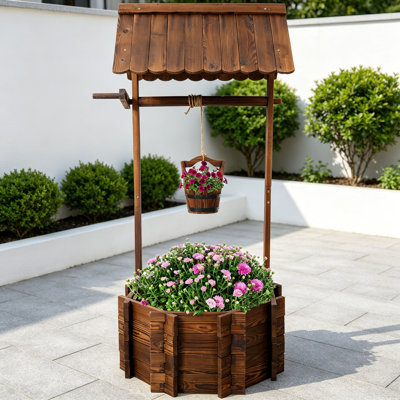 Rustic Wooden Wishing Well Planter Outdoor Home Décor For Patio, Garden, Yard W/Hanging Bucket