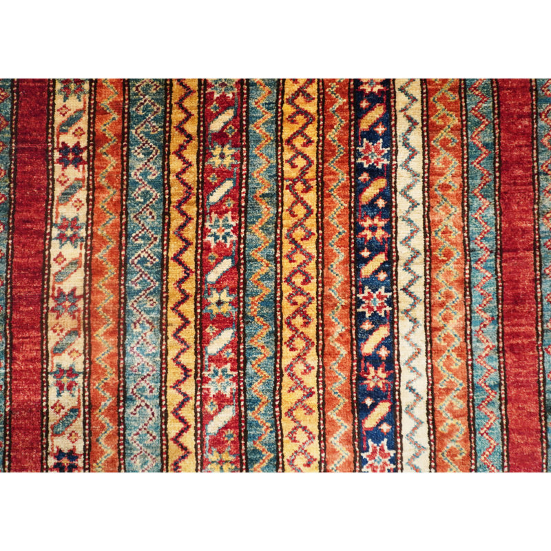 Chemin de table rouge, orange et bleu noué à la main de haute qualité
