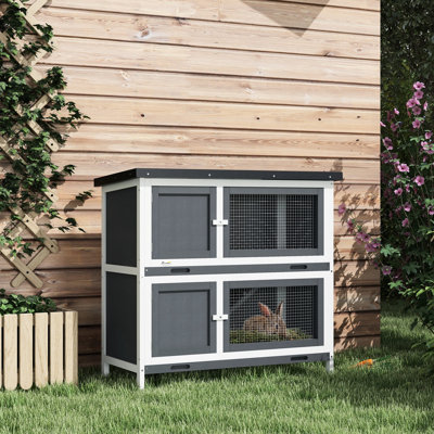 Lapin gris en bois - Habitat intérieur / extérieur pour petits animaux avec rampe et plateau amovible, rampe de toit incluse, intérieur et extérieur