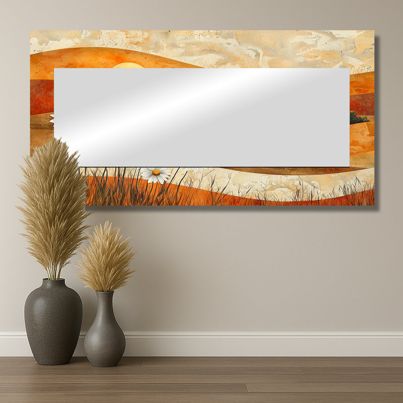 «Daisies Flowers Barn Bold Landscape I», art mural miroir floral, imprimé sur métal, 28 po x 55 po