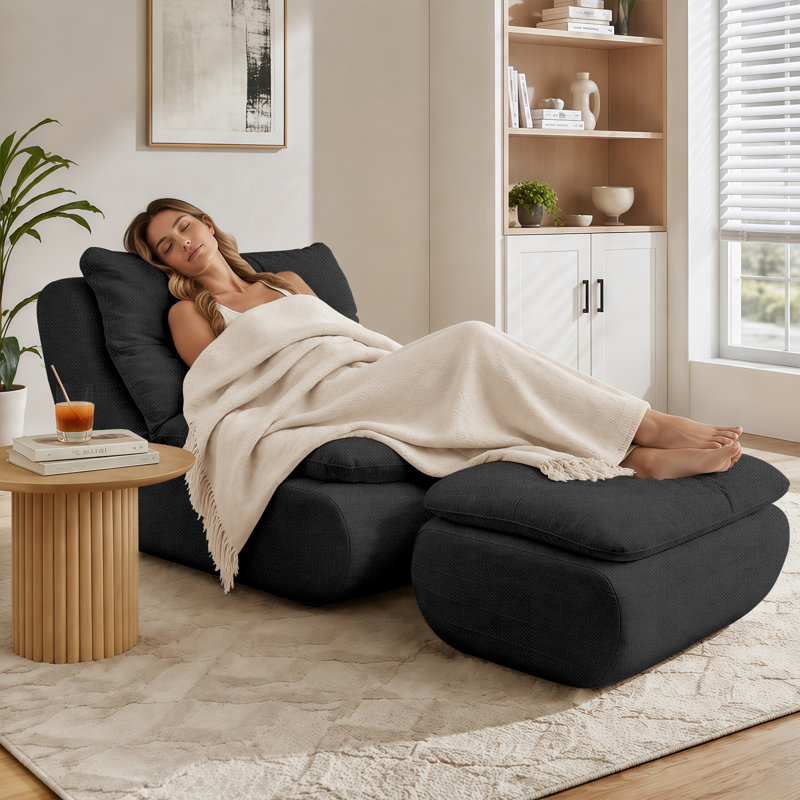 Pouf en mousse à mémoire de forme chenille avec repose-pieds, canapé de sol familial, noir, Black