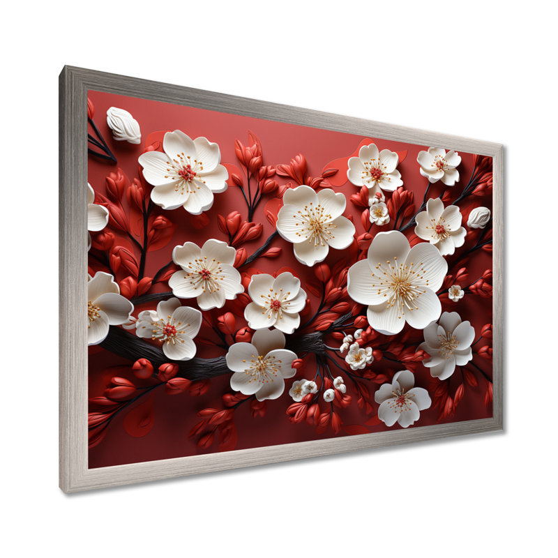 Branches de fleurs d'orchidées blanches et rouges I - Art abstrait floral encadré, H 12 po x l 20 po x P 1 po
