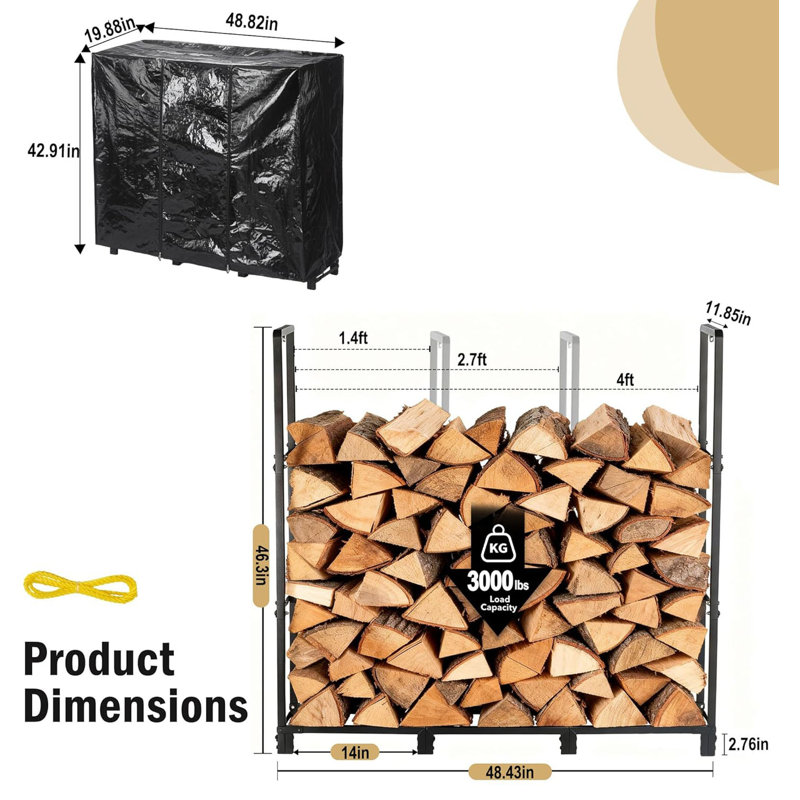  3000lbs Capacity Log Storage For Fireplace, 4ft Heavy Duty Firewood Rack With Waterproof Cover, All-weather Protection Metal Wood Holder For Outdoor Patio & Garden