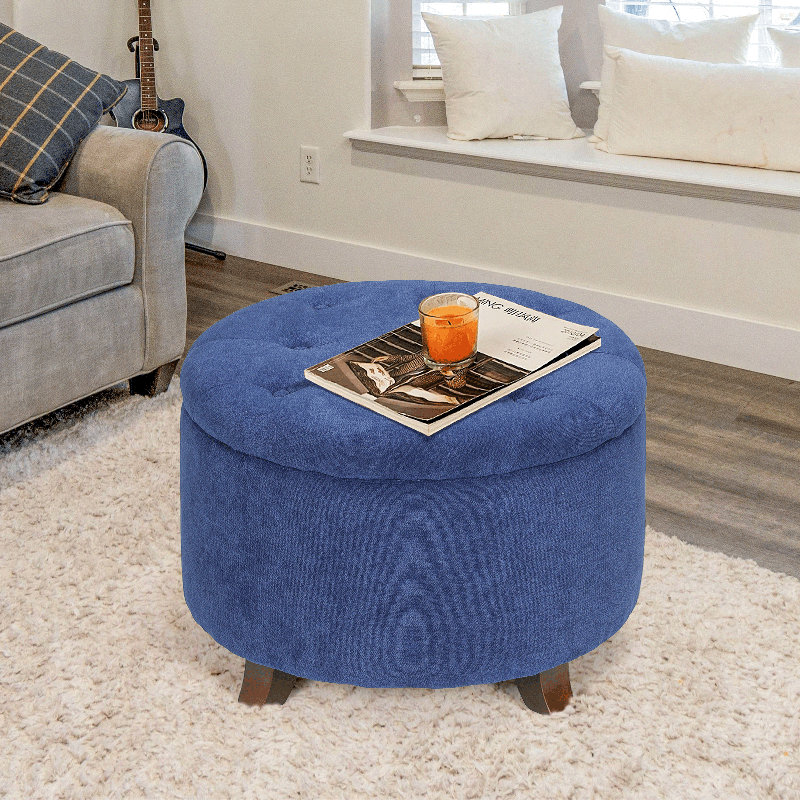 Upholstered Storage Ottoman Bench Button Tufted Round Ottoman Footrest Stool for Living Room Bedroom, Navy