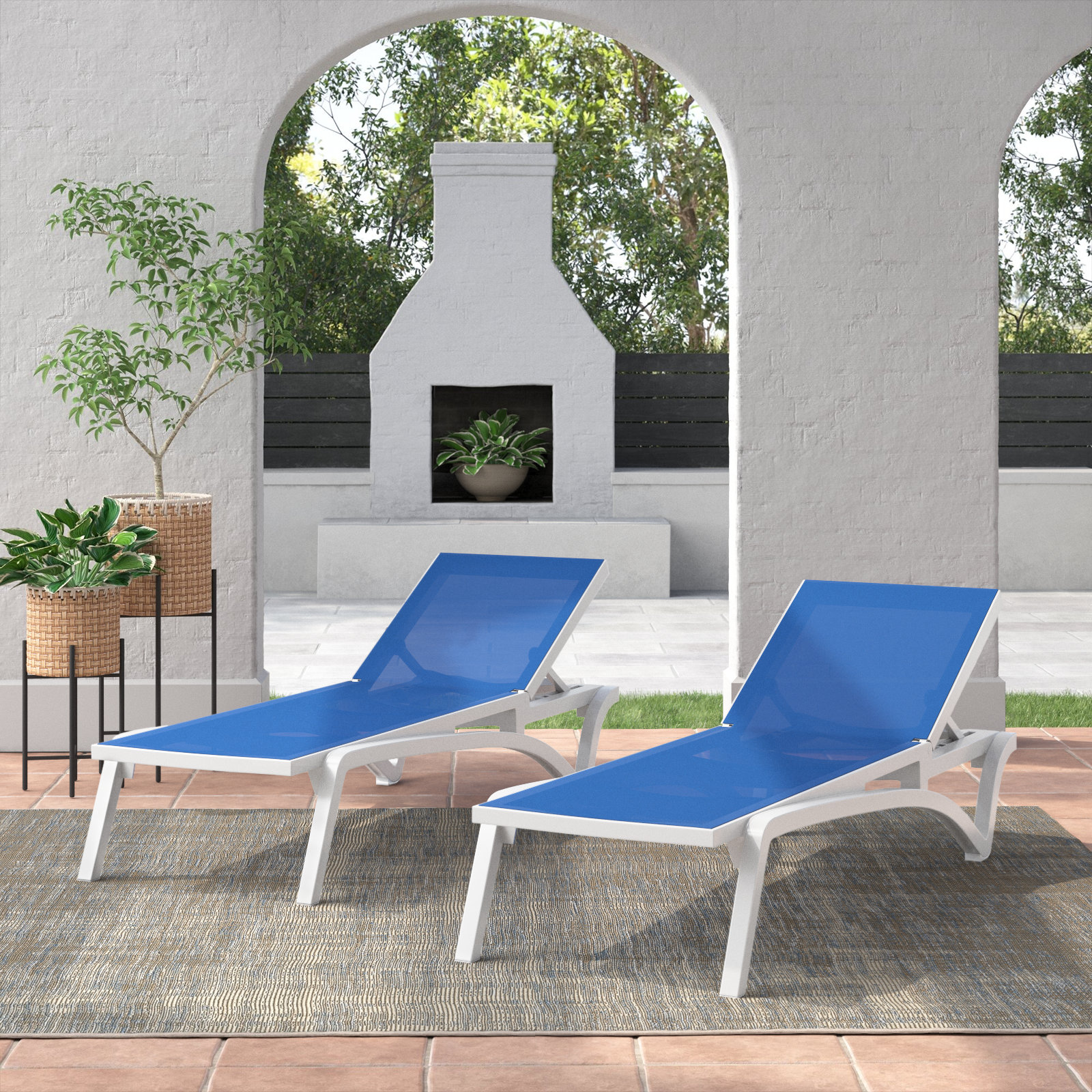 Estes 27" Patio Chaise Lounge, White/Blue