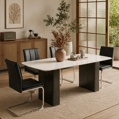 Modern Rectangular Tempered Glass Dining Table, Marble-Patterned Design with Gold Dual-Pedestal Metal Base, Ideal for Dining Room & Home Office