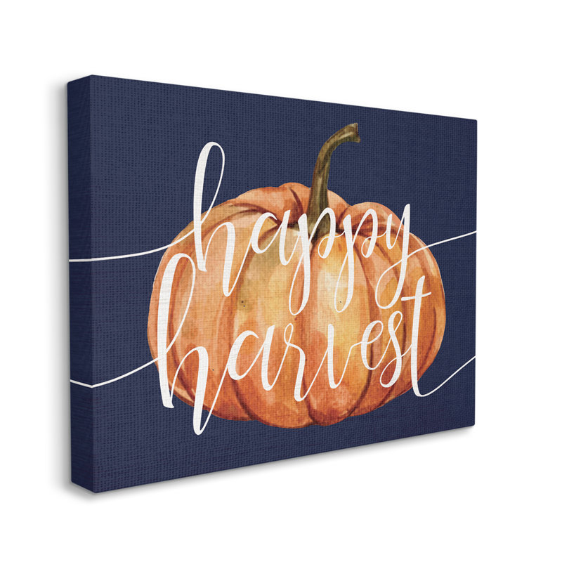 «Happy Harvest Expression Orange Pumpkin Over Blue» par - Art textuel, H 24 po x l 30 po, Plaque murale