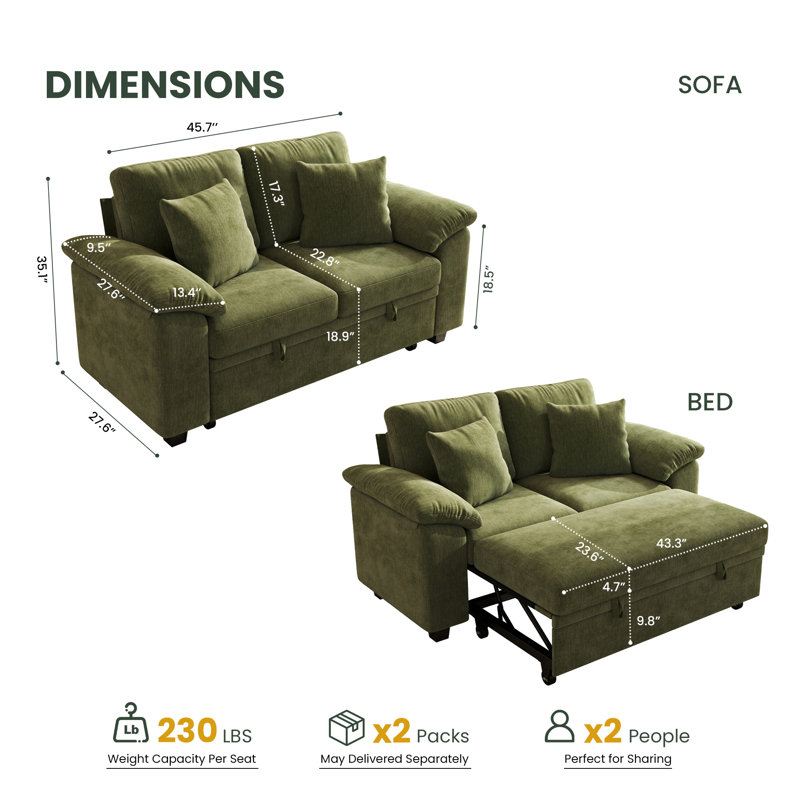 Canapé-lit convertible 61 po avec rangement dissimulé et accoudoirs rembourrés ergonomiques, Green