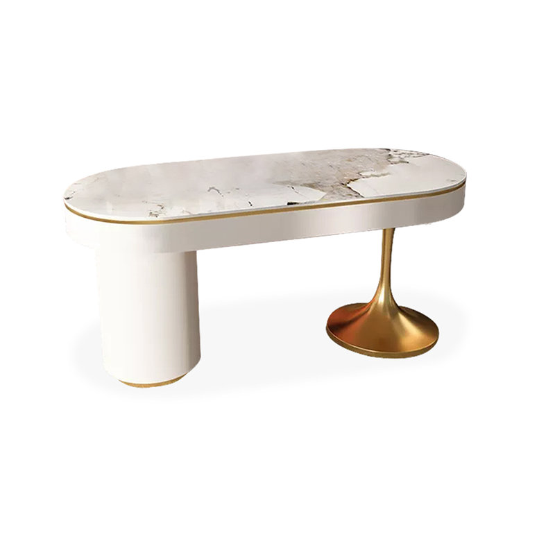 Bureau 70,87 po blanc crème + fritté ovale doré + bois manufacturé + acier au carbone avec bureau à 6 tiroirs