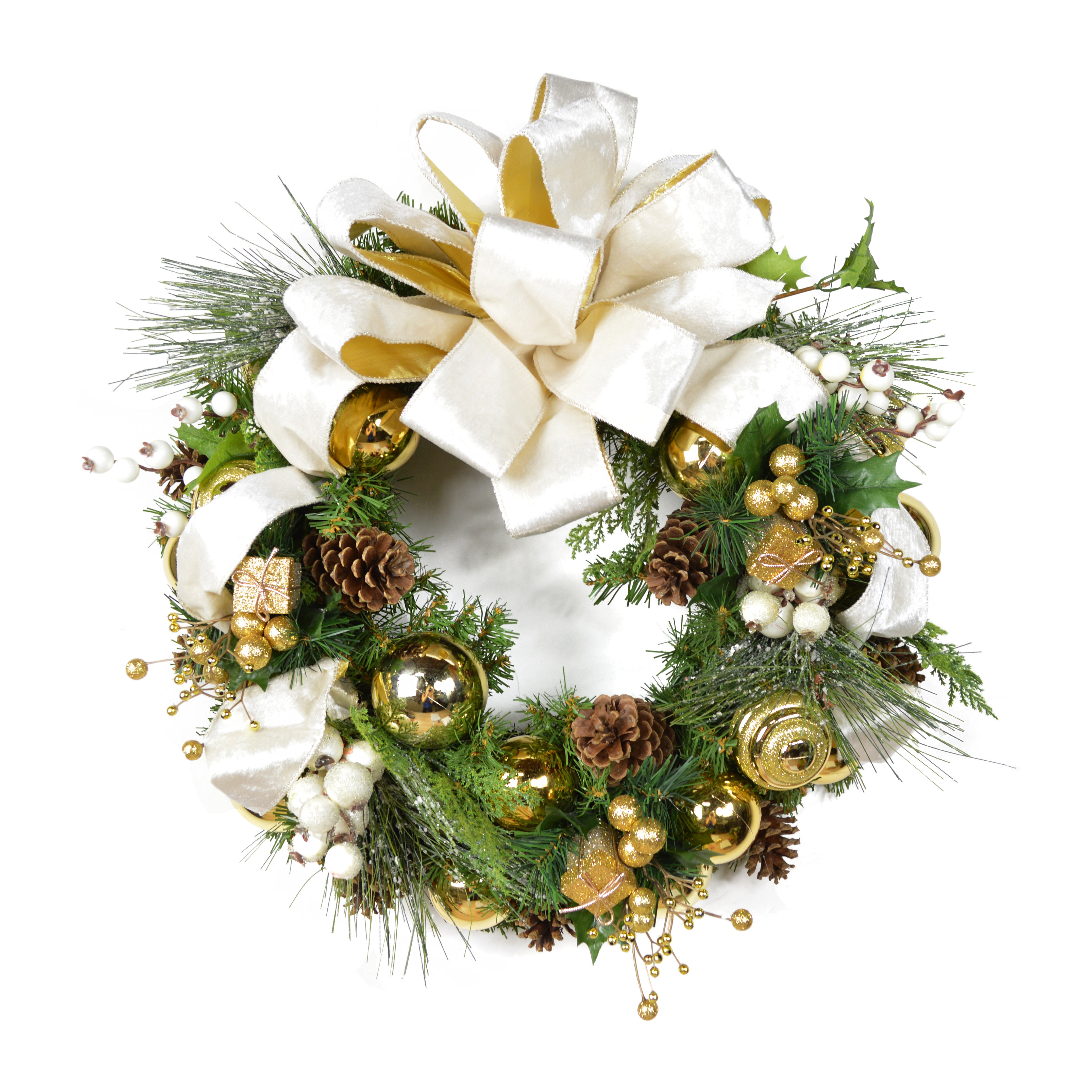 The Holiday Aisle® Jolett Cream Ribbon Wreath with Ornaments, Pinecones and  Berries & Reviews