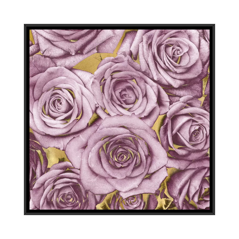 «Roses - Amethyst on Gold», impression sur toile, H 18 po x l 18 po x P 1,5 po, Toile avec cadre noir, Pas de tapis