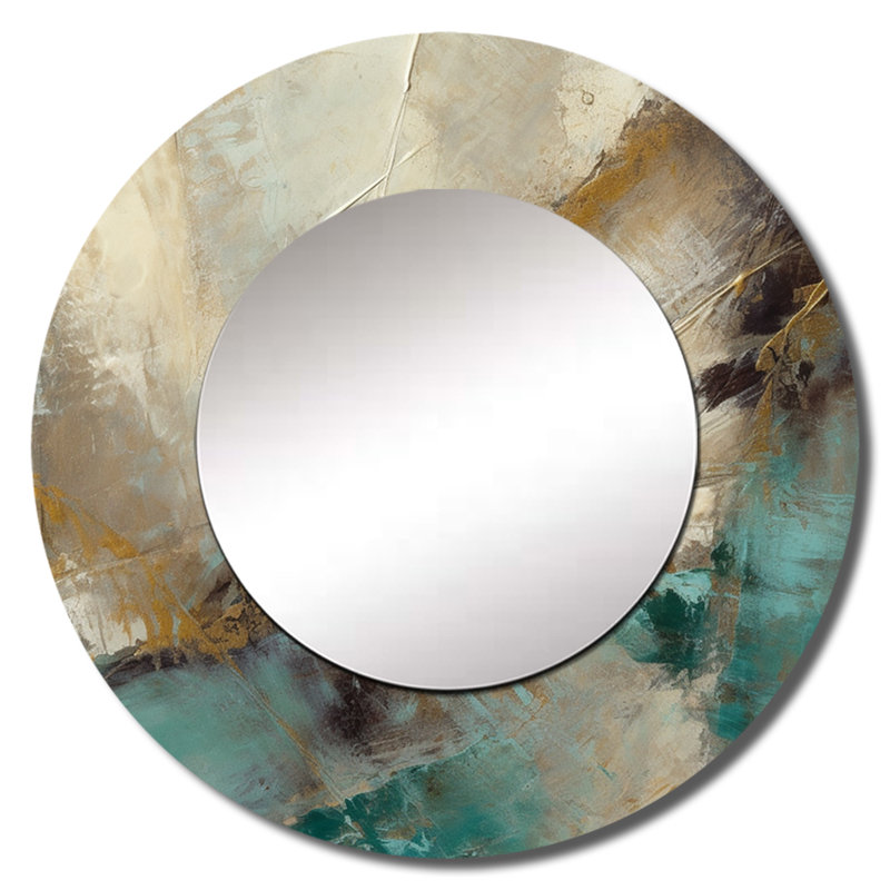 Beige And Green Forms In Painting I - Beige Modern Wall Mirror, Round, 36" x 36"