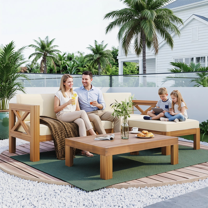5-Piece Outdoor Wood Sectional Sofa Set with Cushions – Natural Acacia & Blue, Beige