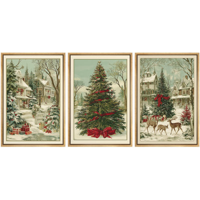 Christmas Holiday Celebration Vintage Christmas Scene Trio with Village, Tree and Deer Art â€“ Pictures Framed Canvas Print 3 Pieces Wall Art