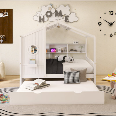 Wood Frame Full Size House Bed With Trundle And Storage Shlef