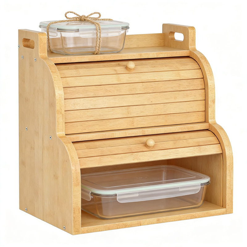 Boîte à pain en bambou avec couvercle à roulettes, organisateur de rangement de comptoir de cuisine à 2 niveaux pour le pain, les fruits et les ustensiles, armoire à nourriture en bois naturel avec ventilation