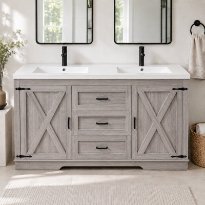 Meuble-lavabo à double cuve 60 ", double vasque avec portes de grange en X, gris