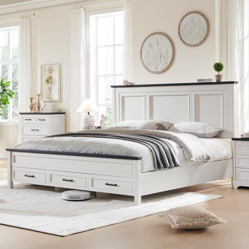 Robincroft Farmhouse Bed Frame With 52" Headboard Wood Platform Bedframe With Storage Drawers, White, King