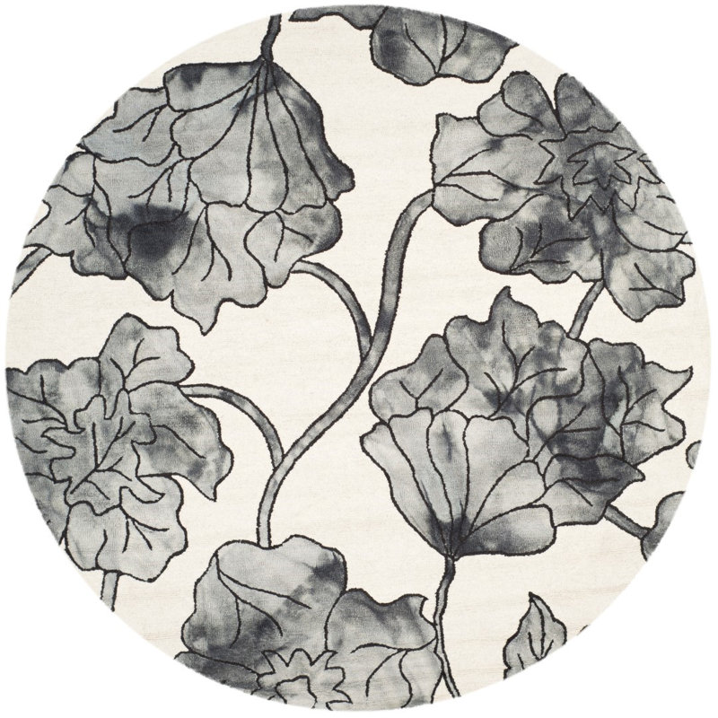 Tapis floral en laine et en coton touffeté à la main de couleur ivoire / gris clair Coleman, Rond 7 pi