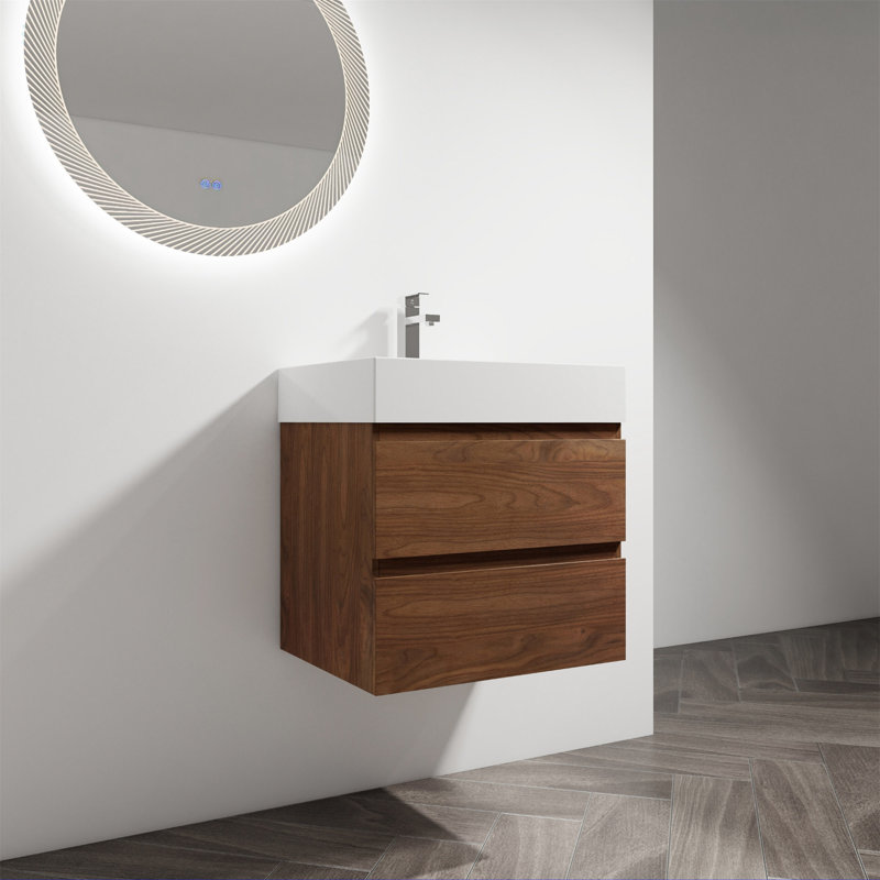 Meuble-lavabo mural 24 po avec lavabo en résine, Chêne brun