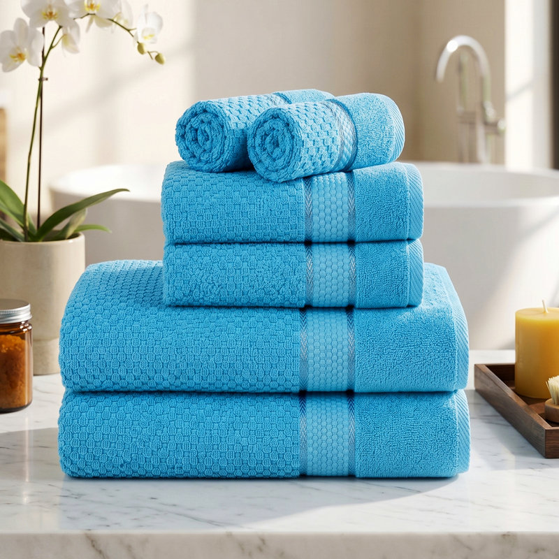 Collection de serviettes 100% coton Obed, Ensemble 6 serviettes de bain, Bleu ciel