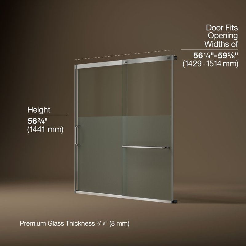 Elate Sliding Bath Door, 56-3/4-In H X 56-1/4 - 59-5/8-In W With Heavy 5/16-In Thick Crystal Clear Glass With Privacy Band