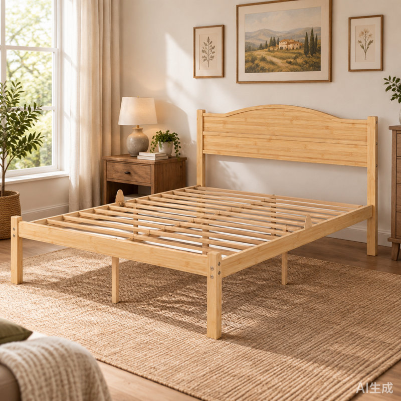 Structure de lit plateforme en bambou avec tête de lit, finition en bois naturel, système de support à lattes et rangement sous le lit