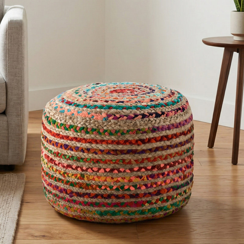 Pouf rond bohème Grant de 20 po W en jute tissé à la main et en coton