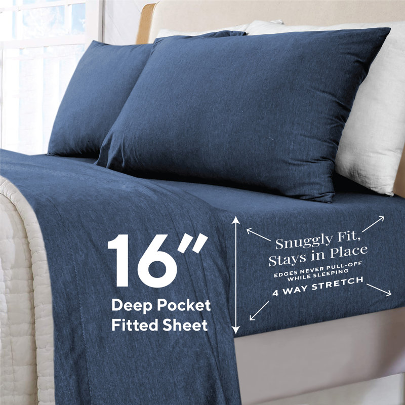 Jersey Knit Queen Size Sheets 4pc|100% T-Shirt Cotton Breathable Jersey Sheets Set| All Season , Denim, Queen, Denim