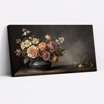 «Rose et crème roses avec fleurs blanches dans un vase foncé», art mural