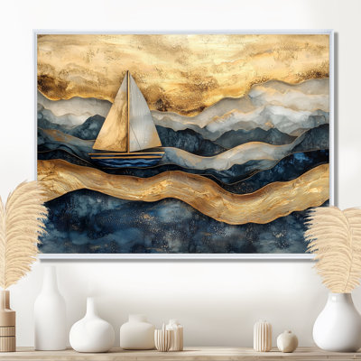 Impression sur toile encadrée «Golden Sailboat On Costal Safire Horizon I»