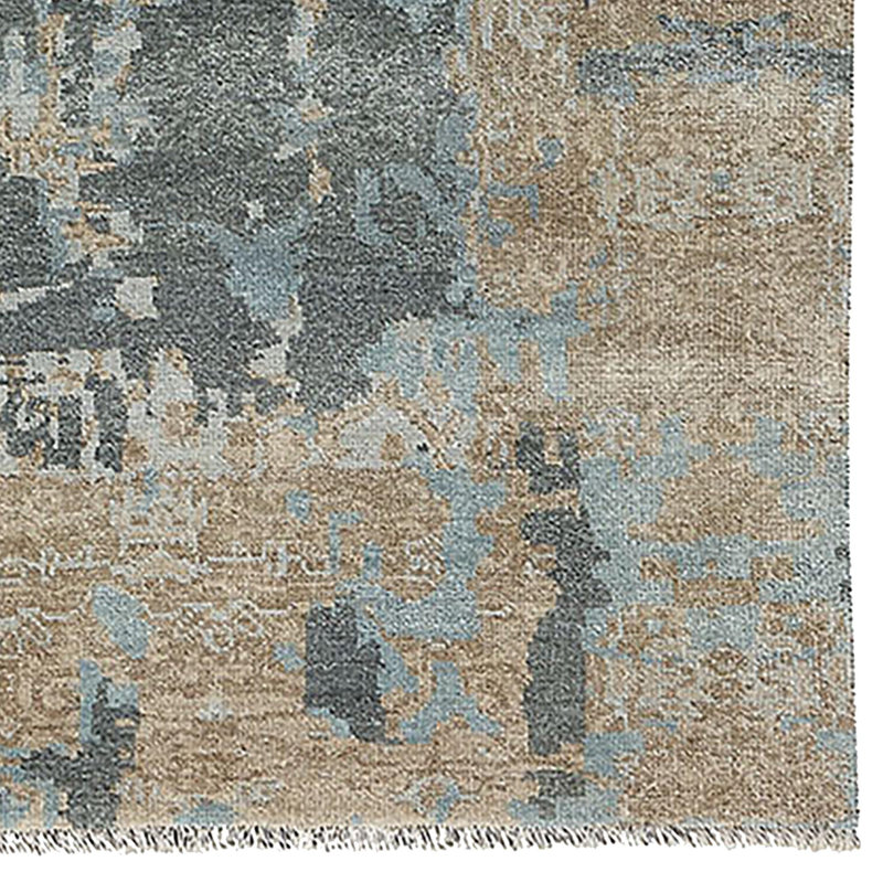 Ellerbe Hand-Knotted Wool Tan Blue Area Rug, Rectangle 5' x 8'
