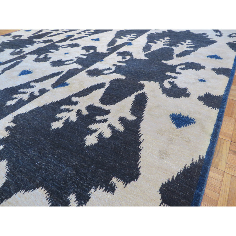 Tapis noir en laine noué à la main de conception unique 8 pi 1 po x 10 pi 4 po Mahmood