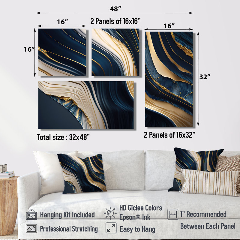 Abstract Geode Waves Blue And Gold II - Blue Modern Wall Decor 4 Pieces, Framed Print without Mat, Gold