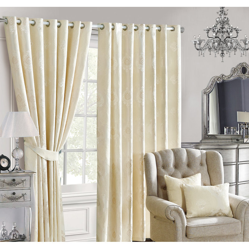 Tonquin Eyelet Jacquard Curtain Pairs 100%Polyester Floral Fully Lined With Tiebacks Beige And Grey, 167.64 W x 137.16 D cm