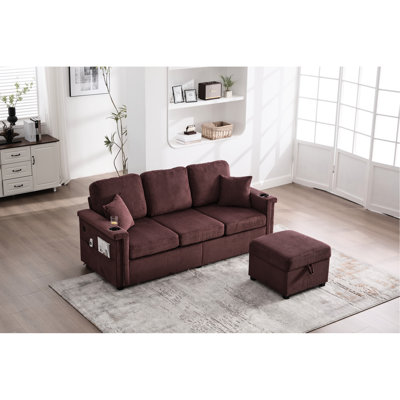 Convertible en forme de L 4 pièces rouge vin avec rangement, porte-gobelets et coussins moelleux en velours côtelé, compartiment caché pour le salon