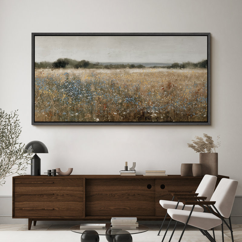 Grande impression sur toile encadrée - impression de paysage de champ de fleurs sauvages rétro pour décor de maison de campagne moderne