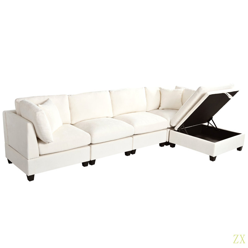 Canapé modulaire rembourré avec repose-pieds de rangement amovible, 2 porte-gobelets dissimulés, canapé modulaire pour appartement de salon (5 places)