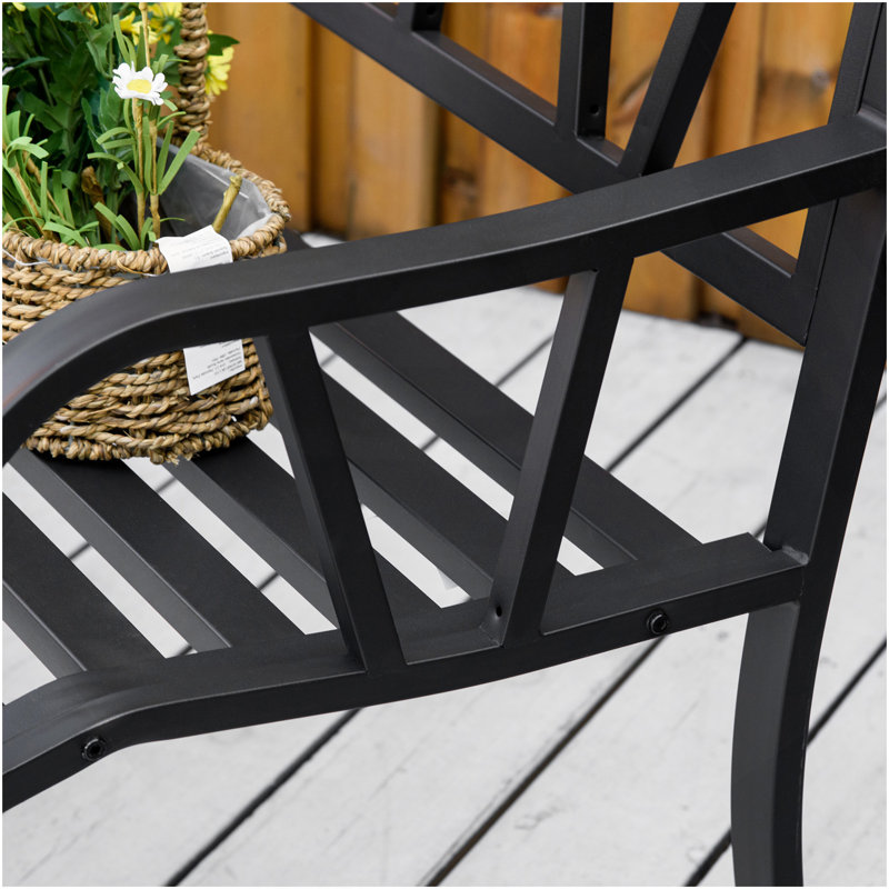 Outsunny 50" Metal Garden Bench, Black Outdoor Bench For 2 People, Park-Style Patio Seating, Decor With Smooth Armrests, Slatted Seat And Backrest, Black