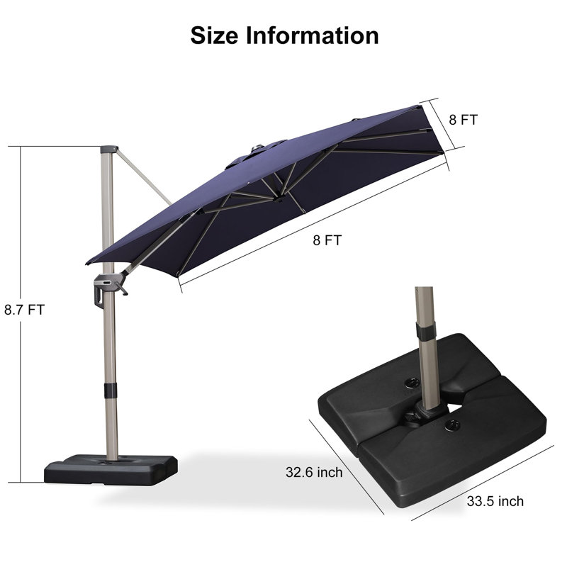 Kersten 8' Square Cantilever Aluminum Offset Navy Umbrella With 360° Rotation And Base